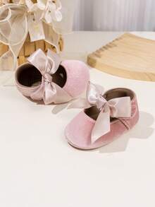 Säuglingsmädchen Samt Mary Jane Flache Schuhe mit großer Schleife Klettverschluss rutschfeste Gummisohle Säuglings Kleinkind Prinzessin Kleiderschuhe - Pink - Übersicht 7