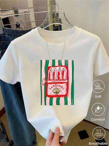 YOCASA Women's Casual Summer T-Shirt, Round Neck, Fitted, Short Sleeve, With Oil Paint, Floral, Heart, Cherry, And Letter Prints. Simple, Casual Fabric, Sporty Style, Ideal For Everyday Wear And A Valentine's Day Date. - YH273-白色 - 查看 1