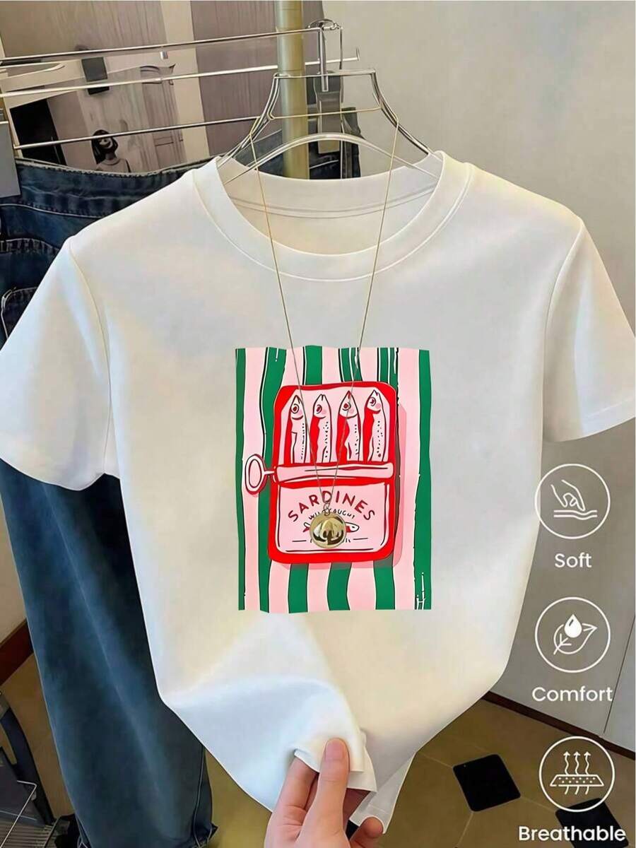 YOCASA Women's Casual Summer T-Shirt, Round Neck, Fitted, Short Sleeve, With Oil Paint, Floral, Heart, Cherry, And Letter Prints. Simple, Casual Fabric, Sporty Style, Ideal For Everyday Wear And A Valentine's Day Date. - YH273-白色 - 查看 1