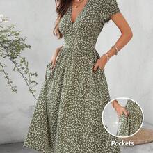 jianchaimaoyi02  Clasi Vestido midi elegante de manga corta con cuello en V, fruncido y corte evasé, con estampado floral pequeño, para uso diario y vacaciones, primavera/verano - Rojo y blanco - Ver 8