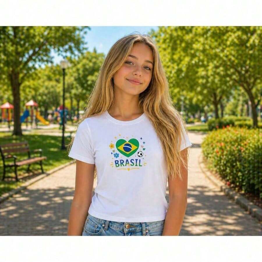 Camiseta Infantil 100% Algodão estampa Coração brasileiro flores meninas copa do mundo 2026 - Branco - Visão 1