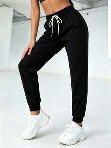 Straight-Leg Trousers With Elastic Waistband And Drawstring, Pleated, Solid Color, For Everyday Casual Wear, Spring/Summer - Black - View 2