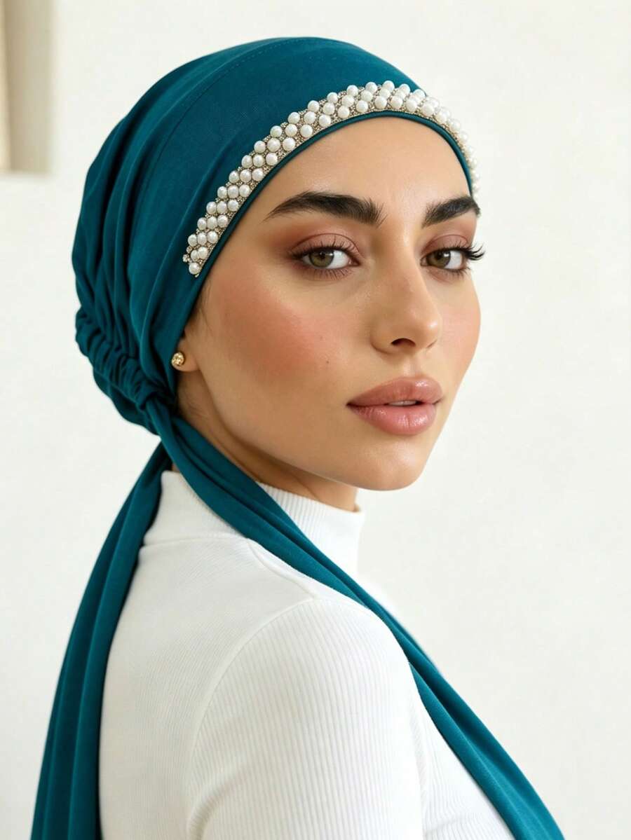 1 Buah Topi Ikat Muslimah Wanita Warna Polos dengan Hiasan Berlian Imitasi, Syal Serbaguna, Cocok untuk Pemakaian Sehari-hari