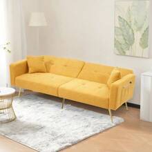 WF200993995B، أريكة سرير قابلة للإمالة، أرجل ذهبية، مع وسائد وجيوب تخزين جانبية - أصفر - مشاهدة 4