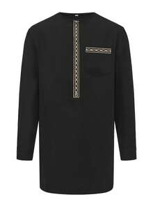 Conjunto de Kaftán para Hombre Camisa de Manga Larga Bordada Cuello Redondo y Pantalones Casuales 2 Piezas Estilo Africano Adecuado para Festivales, Regalos, Negocios - Negro - Ver 3