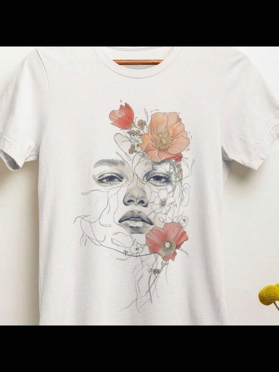 Floral T-Shirt - Abstract Art - Single Line - 100% Cotton - Unisex, Loose Fit Retro Tee - Back - View 1