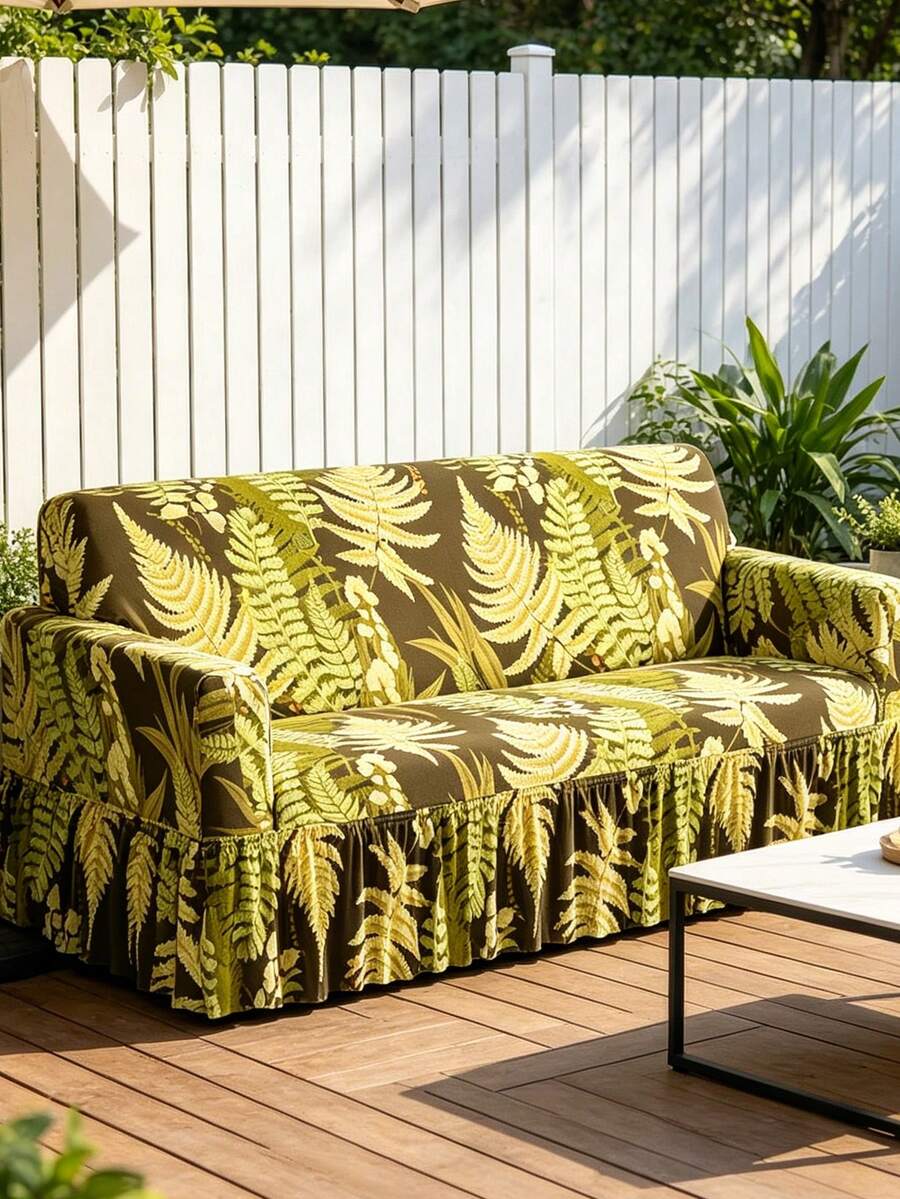 1pc Printed Hem Style Full Coverage Elastic Sofa Cover, Dustproof And Stain Resistant, Elastic Integrated Full Coverage Sofa Protector, Living Room Home Decor, Machine Washable - Green - View 1