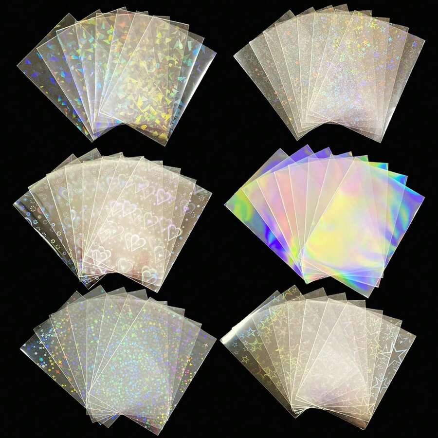 100入雷射亮片卡套 全息卡套 61x88/65x91mm 卡片收納套 適用於交易卡 銅色卡套 彩虹星星愛心花朵卡片保護套 - 長方形 - 查看 1