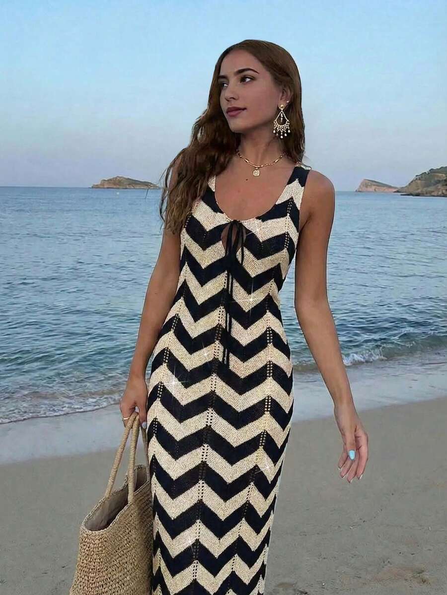 女款波浪紋性感V領綁帶鏤空針織沙灘度假罩衫洋裝，夏季度假適用