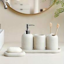 Cream Minimalist Bathroom Set, Lotion Dispenser Bottle & Toothbrush Cup, Nordic Style Bathroom Sink Use, Lotion Dispenser Bottle, Toothbrush Cup, Bathroom Set - Classic - View 7