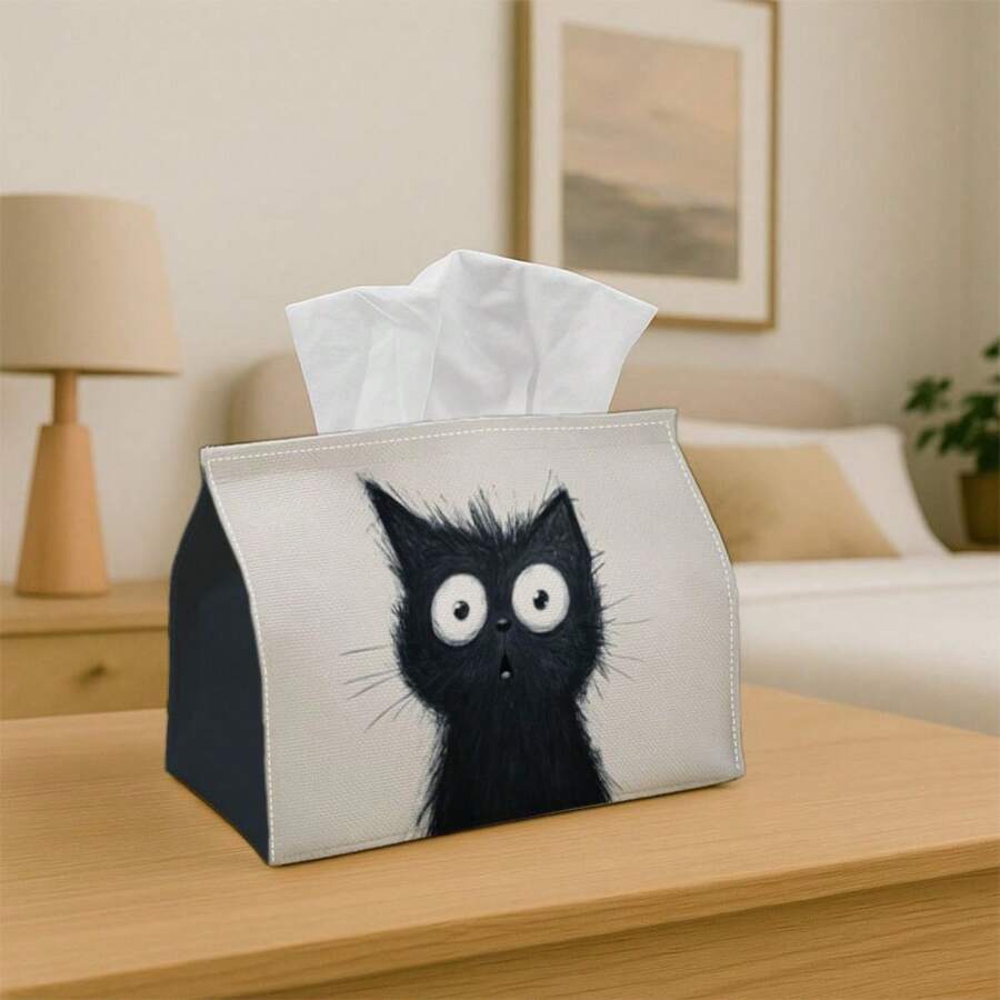 1pc Artistic Minimalist Black Cat Portrait Tissue Box, Creative Whimsical Animal Decor, Universal For Home, Car, Kitchen And Bathroom, Daily Storage, Party Home Decor Supplies - Multicolor - View 1