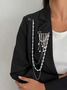 1pc Elegant Fashion Faux Pearl Beaded Geometric Thin Chain Multi-Layer Stacked Charm Jewelry Tassel Brooch Pin Clothing Chain, Luxurious Light Luxury, Wedding Banquet, Holiday Party, Daily Casual, Street Photography, Women Couple Holiday Birthday Versatile Brooch Gift - Brooch - View 4