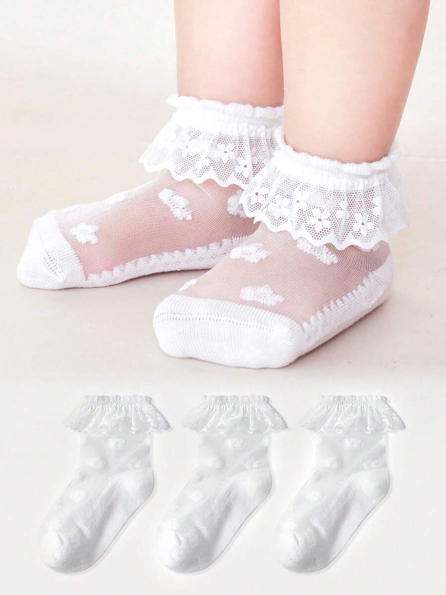 3双装婴儿夏季网眼袜,儿童透气蕾丝边袜,公主风蕾丝袜 - 白色 - 查看 1
