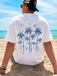 1pc White Soft Men's Short Sleeve T-Shirt, Men's Short Sleeve, Men's T-Shirt, Men's Printed T-Shirt, Print, Skin-Friendly, Coconut Tree Print Short Sleeve, Vacation Style, Machine Washable, Suitable For Beach Vacation, Summer, Hawaii, Beach Play, Swimming Pool - White - View 8