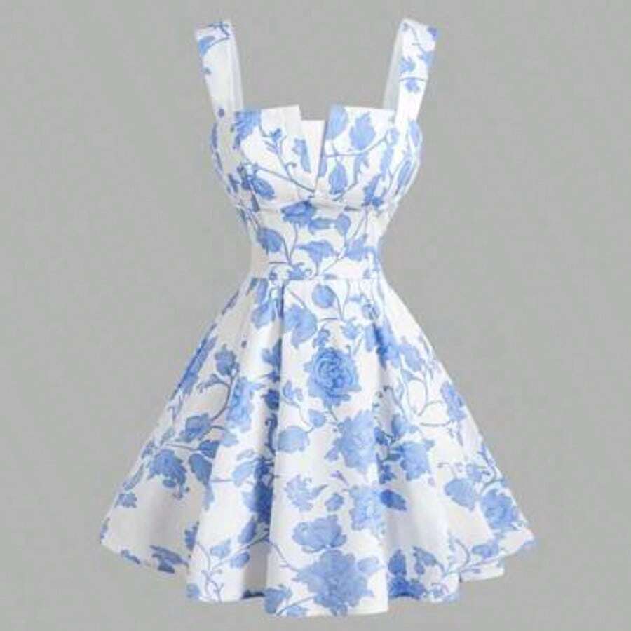 yonghongmaoyi1  MOD Vestido corto elegante de mujer con cintura ceñida y bordado floral, estilo de vacaciones - Azul y blanco - Ver 1