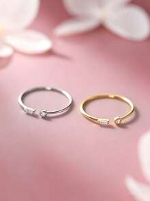 1 pieza Anillo abierto de plata de ley S925 con doble strass ultra fino, estilo minimalista de nicho frío, anillo apilable pequeño y exquisito personalizado, adecuado para el uso diario de las chicas, accesorio de mano versátil y casual para combinar con todo - cuadrado - Ver 2