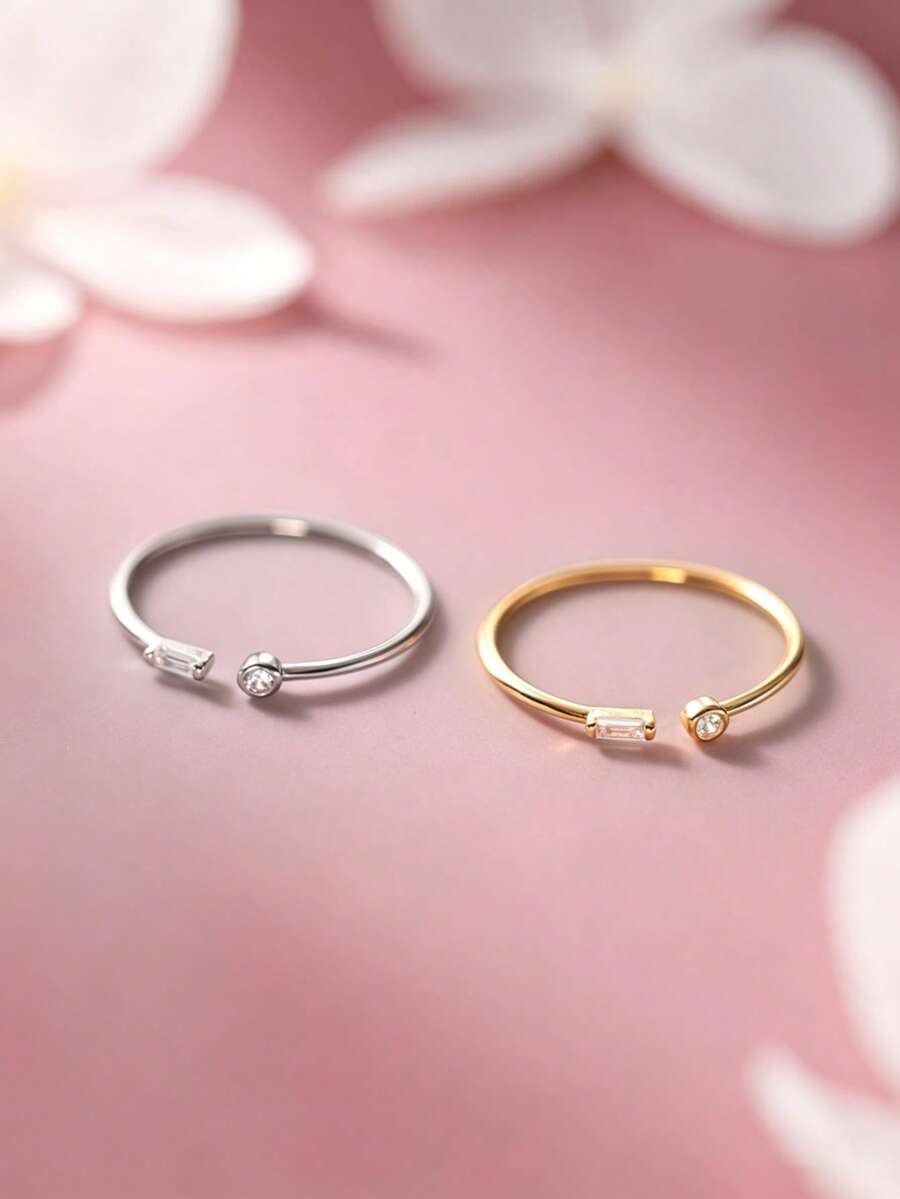 1 pieza Anillo abierto de plata de ley S925 con doble strass ultra fino, estilo minimalista de nicho frío, anillo apilable pequeño y exquisito personalizado, adecuado para el uso diario de las chicas, accesorio de mano versátil y casual para combinar con todo