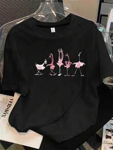Top de mujer de manga corta y cuello redondo con estampado de llamas rosas, ideal para todas las estaciones. - Negro - Ver 1