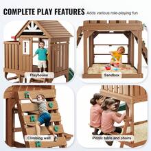 Outdoor Wooden Playhouse, Modern Cedar Playhouse For Age 2-8 Years Kids, Garden Games Cottage, Country Style Cedar Playhouse With Slide, Ladder, Climbing Wall, Windows, Picnic Table And Bench - Age 2-8 Years - 查看 3