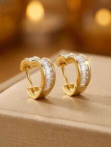 1 Pair Gold-Plated Rectangular Zirconia Heart-Shaped Huggie Earrings, Sparkling Cubic Zirconia Heart Earrings, Fashion Jewelry Suitable For Daily And Party Wear - Transparent Color - View 6