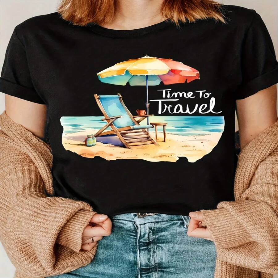 Camiseta Estamp "Hora de Viar a la Playa Tallas S-XXXL - Negro - Ver 1