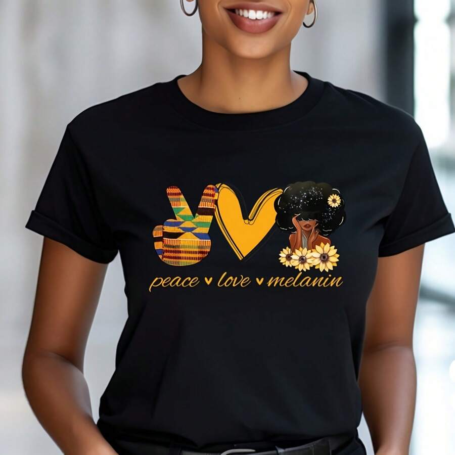 Peace Love  T-shirt % Cotton Graphic Tee - Negro - Ver 1