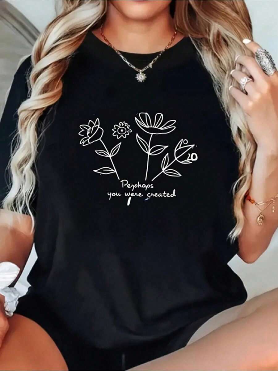 Black T-Shirt With White Floral Design And 'Be Kind' Graphic Print - A Short-Sleeved T-Shirt With A Relaxed Fit, Suitable For All Seasons, Comfortable Casual Wear Made From Soft, Breathable Fabric For Everyday Use. - 黑色 - 查看 1
