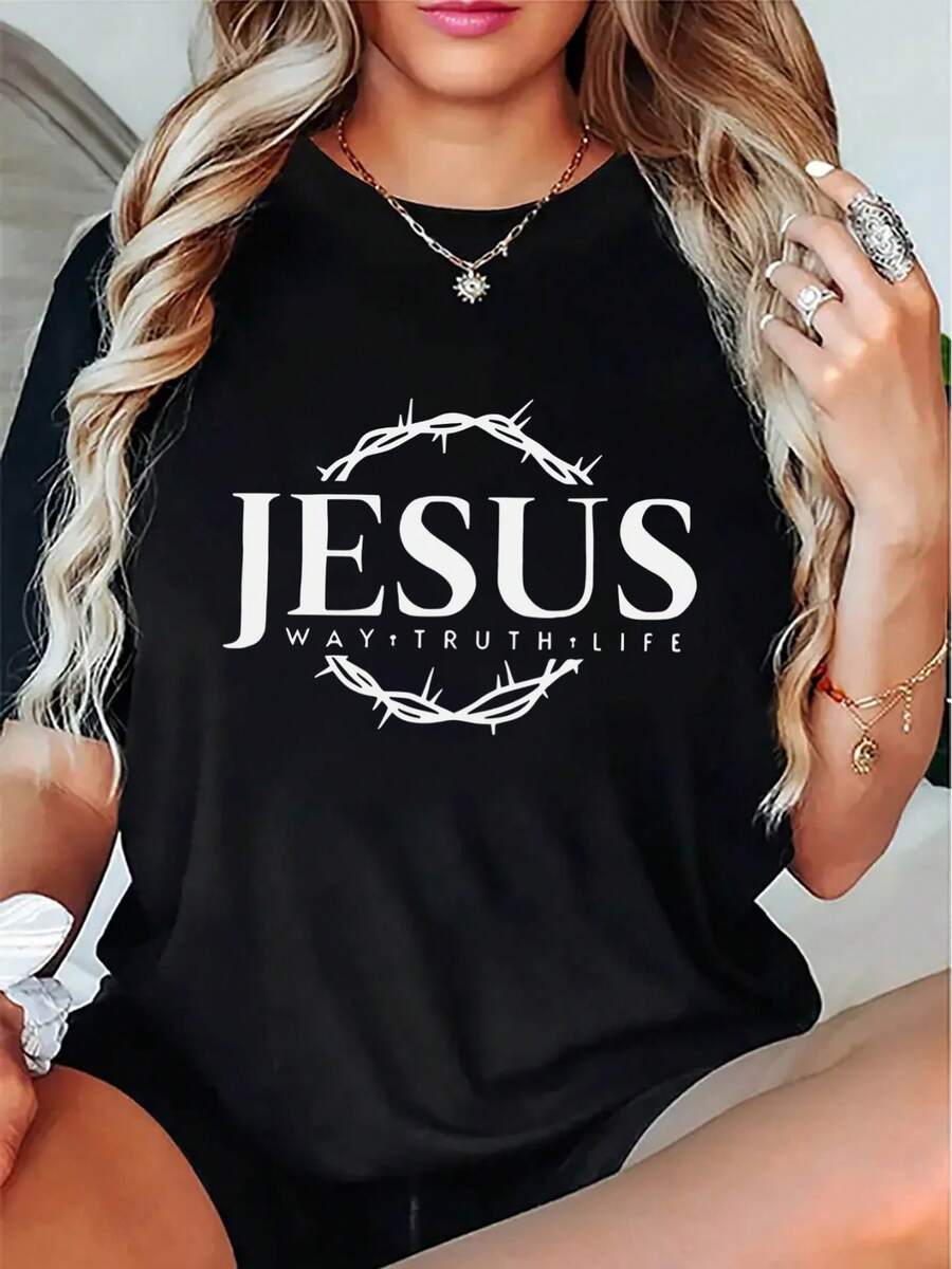 Women's Polyester T-Shirt With Religious Print "Road, Truth, Life", Black, Short Sleeve, Suitable For Parties, Casual Wear At Home, Christmas, Thanksgiving And Halloween, Offering A Lightweight And Comfortable Wearing Experience, 100% Cotton. - 黑色 - 查看 1