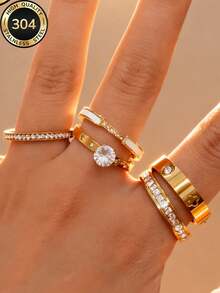 Znice 2026 Nuevo Juego de Anillos de Flor con Pedrería Completa Personalizado Minimalista Francés Chapado en Oro de 18K de Acero Inoxidable, Apilable o Uso Individual, Adecuado para Fiestas, Regalos, Uso Diario, Diversas Ocasiones, Joyería Duradera, Resistente al Agua y Sin Desvanecimiento, Para Uso en Vacaciones de Playa - Oro 13 - Ver 3