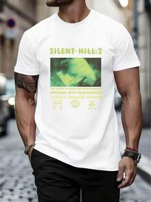 1 Piece, 100% Cotton Loose Fit T-Shirt, Casual Print T-Shirt, Silent Hill Game Graphic Tee, Spring, 100% Cotton, Art Print, Urban Hop, Breathable, Novelty, For Summer - 白色 - 查看 1