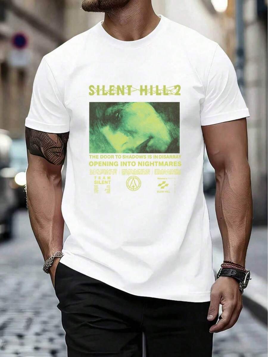 1 Piece, 100% Cotton Loose Fit T-Shirt, Casual Print T-Shirt, Silent Hill Game Graphic Tee, Spring, 100% Cotton, Art Print, Urban Hop, Breathable, Novelty, For Summer - 白色 - 查看 1