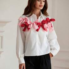 Aveloria Revavyn Blusa de manga larga con decoración de moño 3D de estilo romántico y dulce de dos tonos para niñas y mujeres, ropa para fiesta de vacaciones, camisa con botones linda y divertida para mujeres - Multicolor - Ver 4