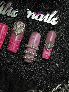 10pcs Handmade Fully Covered Long Square Nails Press On Nails, Pink Nails, 3D Rhinestone&Leopard&Zebra Print Decor, Y2K Sweet And Cool Hot Girl Style, Removable And Reusable False Nails For Party, Daily Wear & Cosplay, With Jelly Glue And Nail File - Pink - View 6