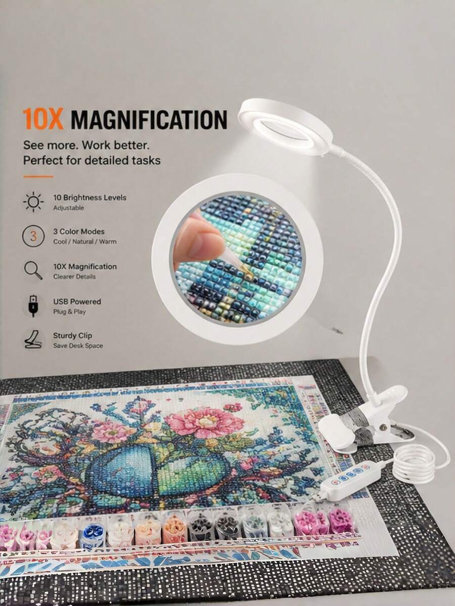 白色 5X 放大燈附夾子，3 種顏色模式，10 級亮度，USB 鵝頸 LED 燈，適用於閱讀、鑽石畫、美甲、縫紉、手工藝、珠寶製作、電子維修和近距離操作