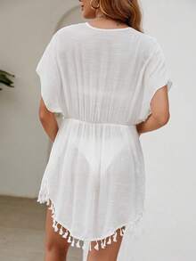 Kimono con Lazo Frontal Bajo y Flecos - [Blanco] - Ver 4