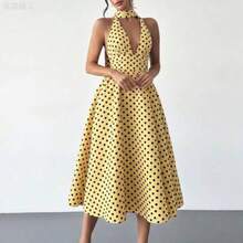 xuehuamaoyi02  Vestido midi de cintura alta con escote en V y espalda descubierta, de estilo vintage francés con lunares, apropiado para el Día de San Valentín, conciertos, actuaciones, citas, banquetes, bodas, sexy, elegante, ida y vuelta al colegio, vacaciones, playa, romántico - Amarillo - Ver 1