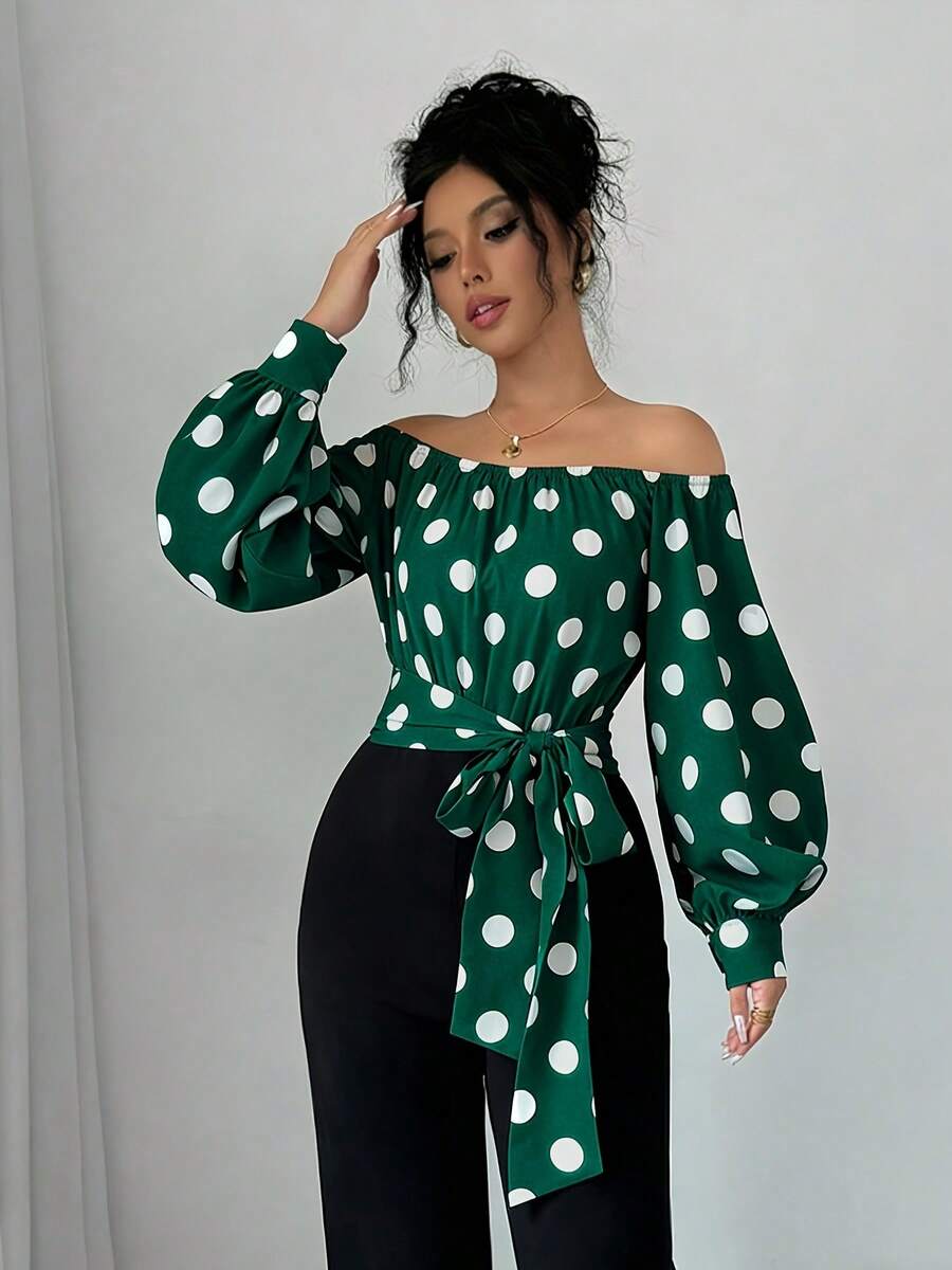 Elegant Women's Off-Shoulder Blouse With Polka Dots And Front Bow - Puff Sleeves, Round Neck, White, Machine Washable, Ideal For Casual Or Semi-Formal Wear In All Seasons - 深綠色 - 查看 1