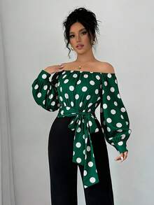 Elegant Women's Off-Shoulder Blouse With Polka Dots And Front Bow - Puff Sleeves, Round Neck, White, Machine Washable, Ideal For Casual Or Semi-Formal Wear In All Seasons - 深綠色 - 查看 5