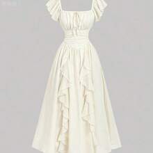 jianchaimaoyi02  MOD Vestido largo con mangas de farol con volantes de color albaricoque, vestidos de mujer de otoño - Blanco - Ver 3