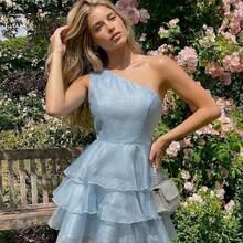 xuehuamaoyi02  Charm Vestido de mujer, vestido asimétrico de hombro, falda de pastel de varias capas, adecuado para fiestas, eventos, bodas, vestido de volantes escalonados, vestido de organza para mujer, vestido de té para mujer, vestido de cumpleaños para mujer, vestido de un hombro - Rosa - Ver 5