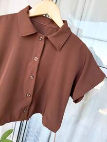 ELLIE Casual Striped Printed Loose Cropped Shirt - 單色深棕色 - 查看 3