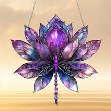 Blue Lotus Dragonfly Dreamcatcher, 2D Acrylic Wall Hanging, Purple Stained Glass Style, Window & Home Decor, Dreamy Starry Art, Boho Aesthetic, Light Catcher Ornament, Indoor Outdoor Decoration - Set - View 6