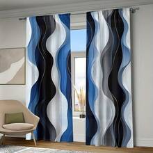 2PCS Geometric Abstract Curtains, Blue Abstract Wavy Lines Simple Curtains, Polyester Fiber, Pole Pocket Design, Privacy Protection, UV Protection, Room Decoration, Home Decoration, Versatile Decorative Curtains - Multicolor - View 6