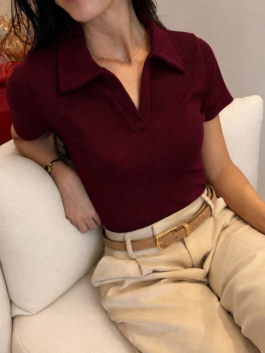 Women's Polo Shirt, Short Sleeve, Ribbed Cotton, Simple, Casual, Knit, Everyday Wear - 酒紅色 - 查看 1