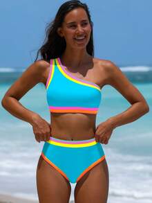 popvil Women One Shoulder Back Cross Straps Neon Color Block Swimwear Mid Waist Bikini Set For Summer Holiday Vacation Beach - Baby Blue - View 5