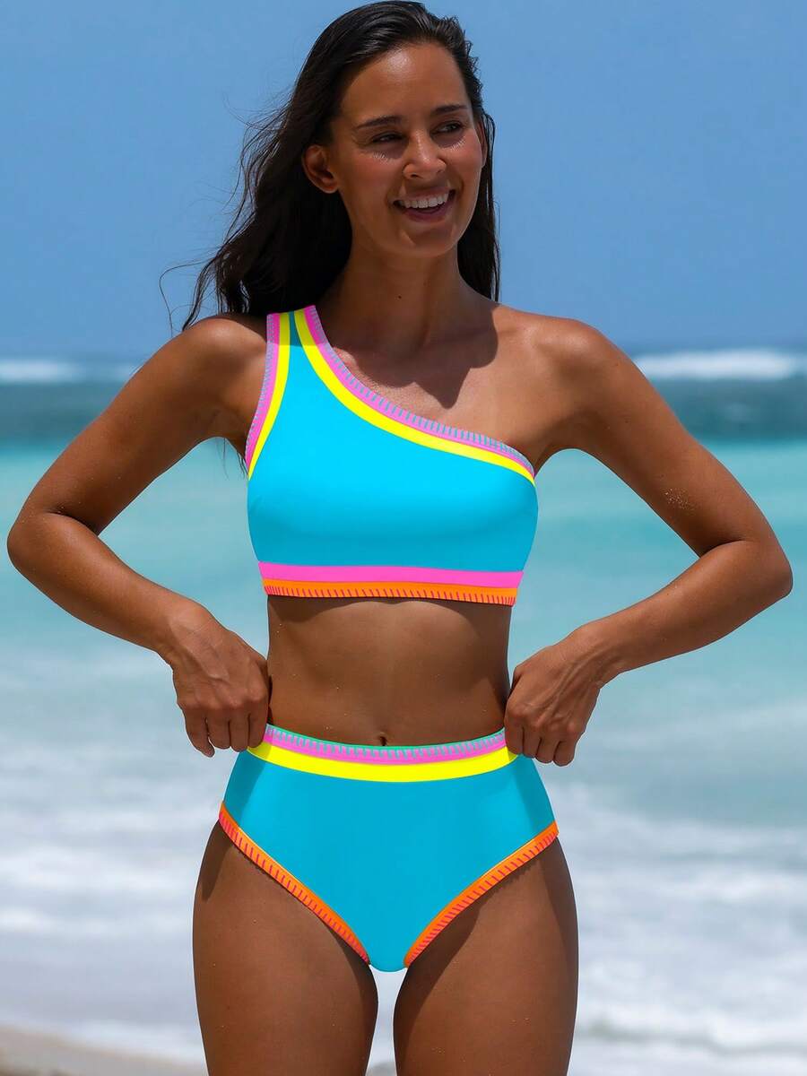 popvil Set Bikini Renang Wanita Model Satu Bahu dengan Tali Silang di Belakang, Warna Neon Blok, Cocok untuk Liburan Pantai dan Pesta Kolam Renang - Baby Blue - View 1