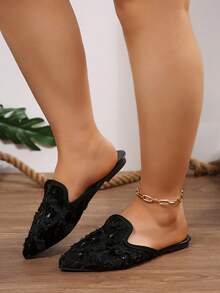 Mocassins mules plats demi-Glissant à bout pointu pour femmes, grande taille 36-43, coupe large, mode printemps/automne, faciles à enfiler, semelle souple, confortables et polyvalents, noirs avec fleur en dentelle - fleurs en dentelle noire - Voir 4