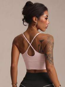 Women's Solid Color Wireless Criss-Cross Knit Sports Bra - Pink - View 2