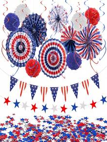 27 قطعة/مجموعة ديكور بموضوع عيد الاستقلال الأمريكي، زينة معلقة على شكل مروحة لحفلة 4 يوليو، سلسلة أعلام ورقية على شكل نجوم ومثلثات بألوان أحمر وأزرق وأبيض، مستلزمات ديكور العطلات، مستلزمات الحديقة، ديكور حفلة بموضوع وطني (صندوق تغليف عشوائي) - مشاهدة 2