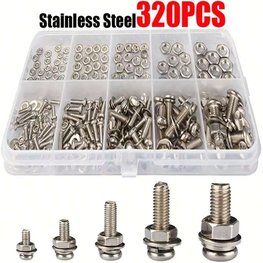 320pcs Stainless Steel Hex Nut And Bolt Set, M3-M5 Screws, Metal Fasteners, Suitable For DIY And Home Repair. - 320 PCS/SET - View 1